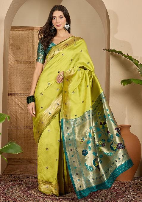 Neon Zari Woven Silk Saree Set