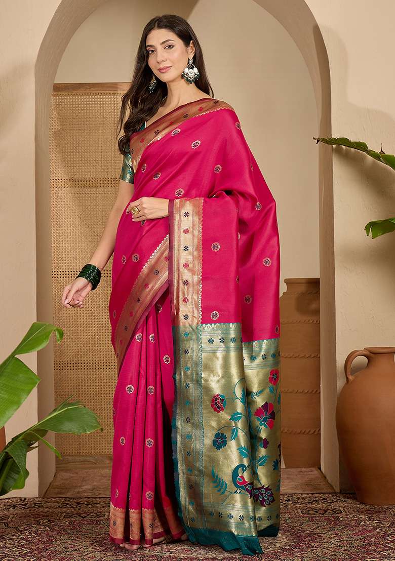 Rani Pink Zari Woven Silk Blend Saree Set for Diwali and Festive Wear - Indya