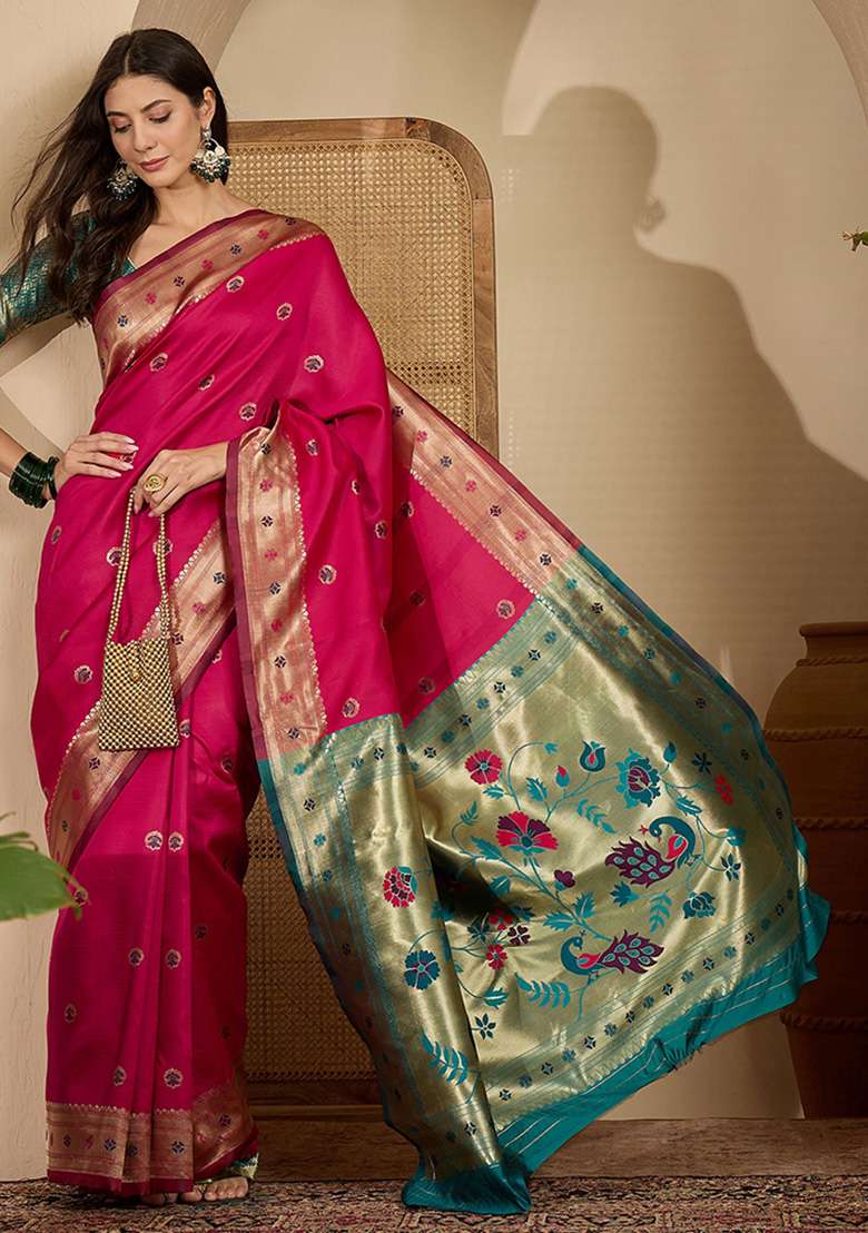 Rani Pink Zari Woven Silk Blend Saree Set for Diwali and Festive Wear - Indya