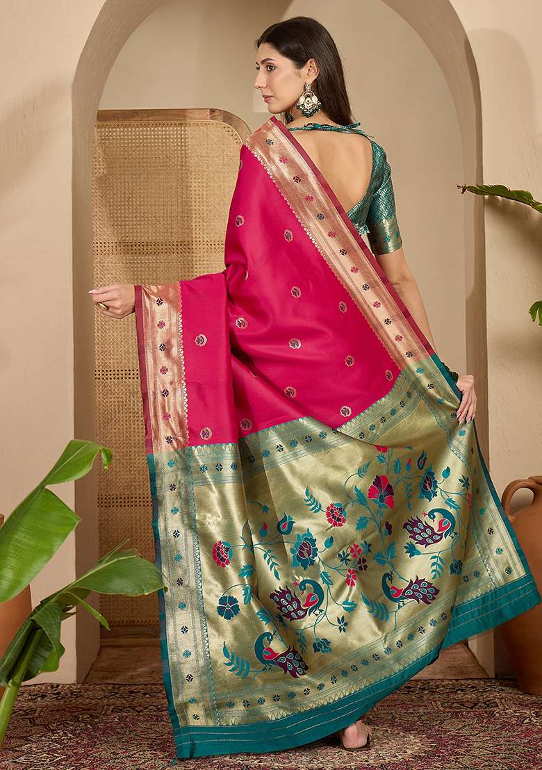 Rani Pink Zari Woven Silk Blend Saree Set for Diwali and Festive Wear - Indya