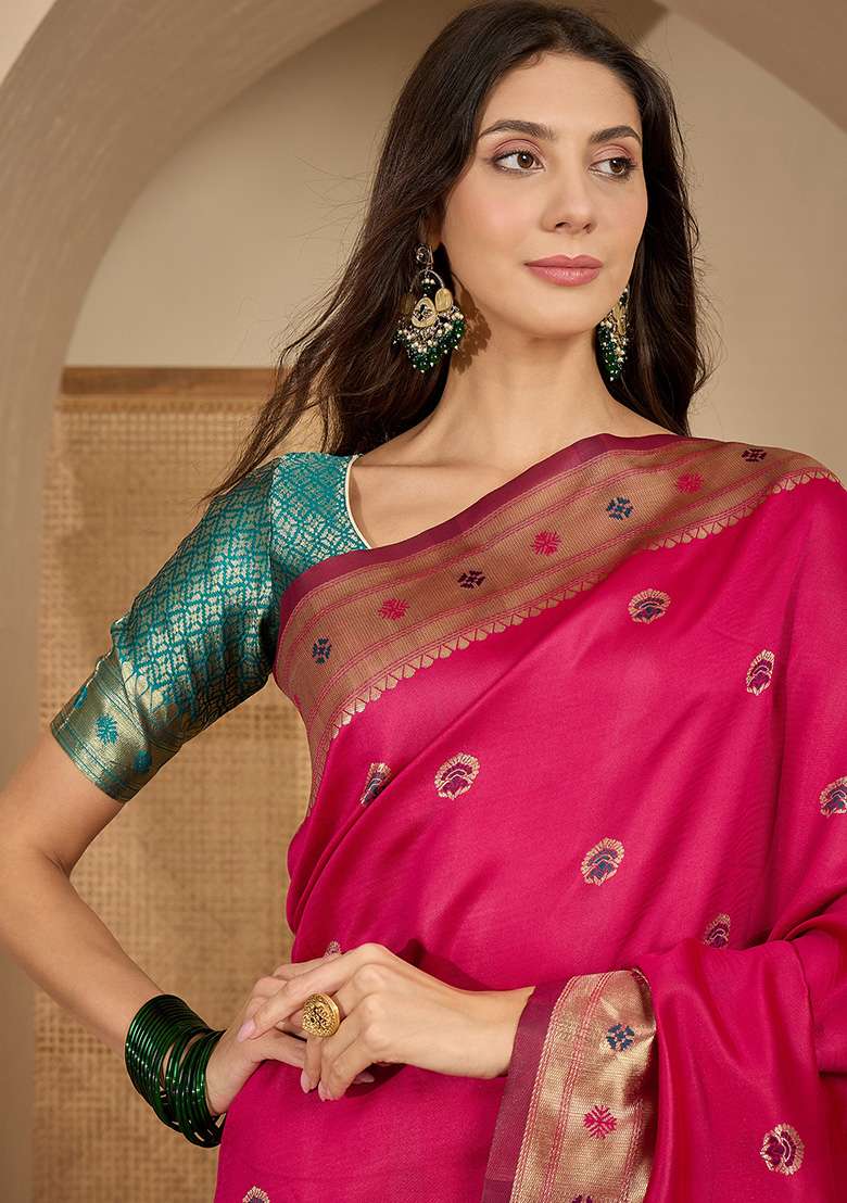 Rani Pink Zari Woven Silk Blend Saree Set for Diwali and Festive Wear - Indya