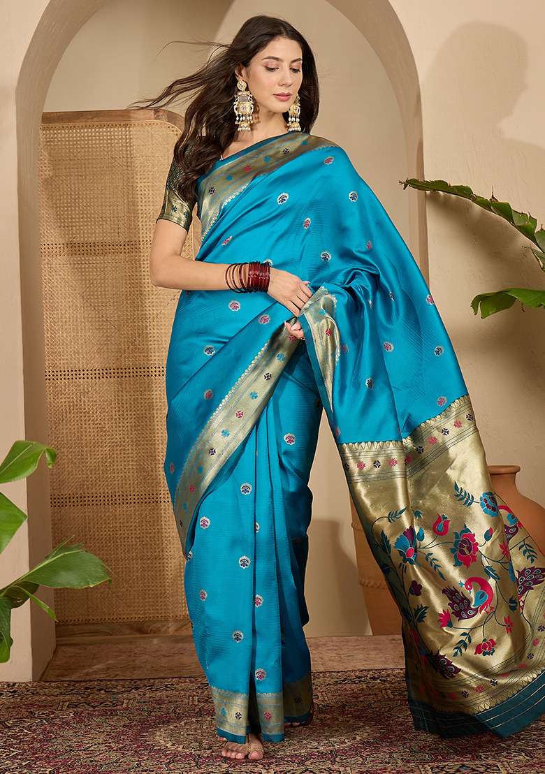 Blue Zari Woven Silk Blend Saree Set for Diwali | Wedding & Festive Wear - Indya