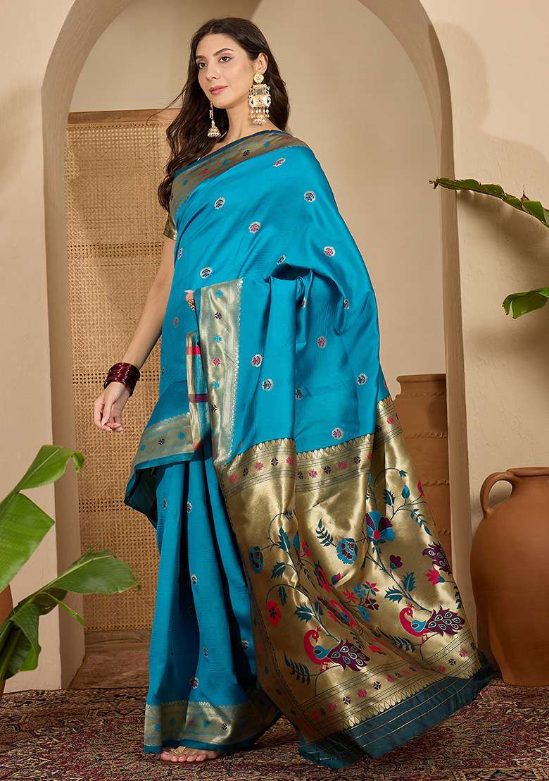 Blue Zari Woven Silk Blend Saree Set for Diwali | Wedding & Festive Wear - Indya