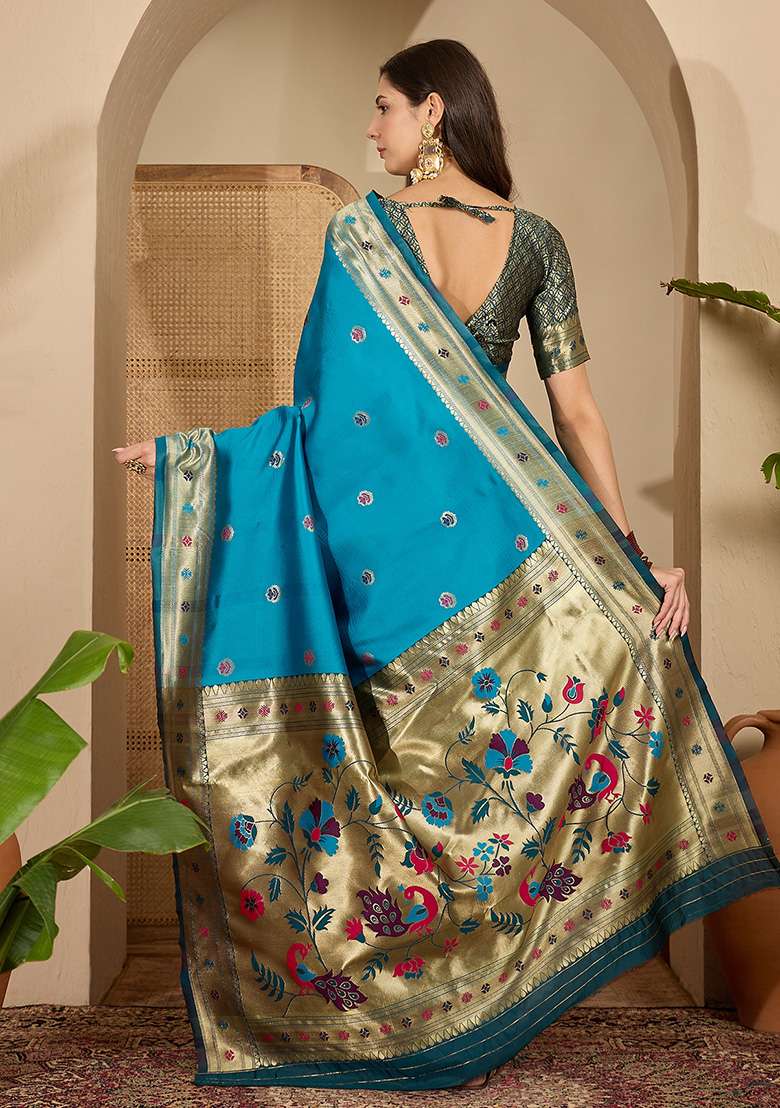 Blue Zari Woven Silk Blend Saree Set for Diwali | Wedding & Festive Wear - Indya