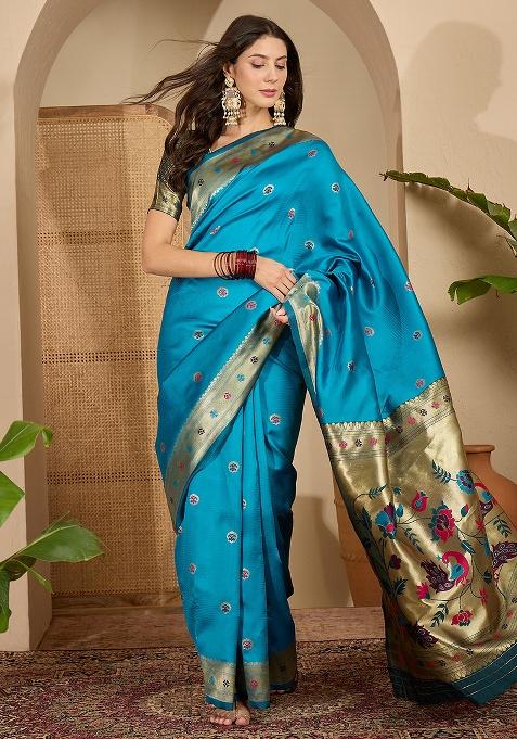 Blue Zari Woven Silk Saree Set