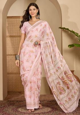 Pink Foil Print Chiffon Saree Set