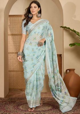 Sky Blue Foil Print Chiffon Saree Set