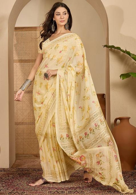 Yellow Foil Print Chiffon Saree Set