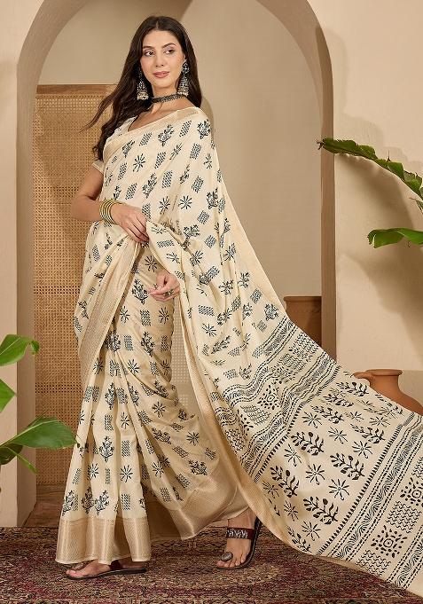 Beige Printed Silk Saree Set