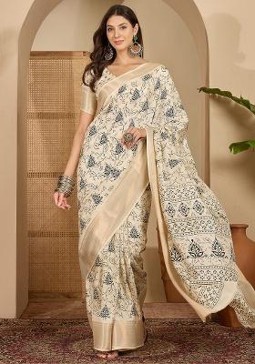 Beige Printed Silk Saree Set