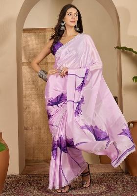 Lilac Printed Crepe Saree Set
