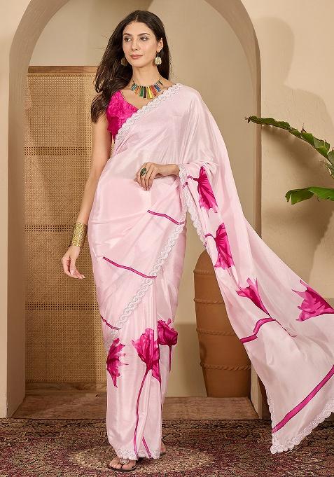 Pink Printed Crepe Saree Set