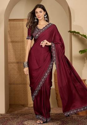 Maroon Embellished Satin Saree Set