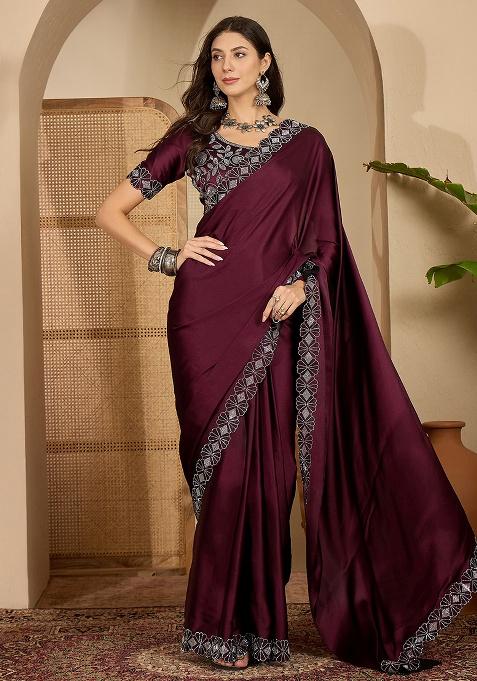 Wine Embellished Satin Saree Set