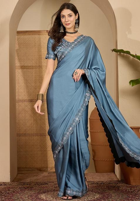 Sky Blue Embellished Satin Saree Set