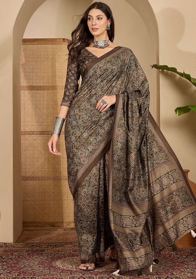 Brown Foil Print Silk Blend Saree Set for Diwali and Festive Wear - Indya