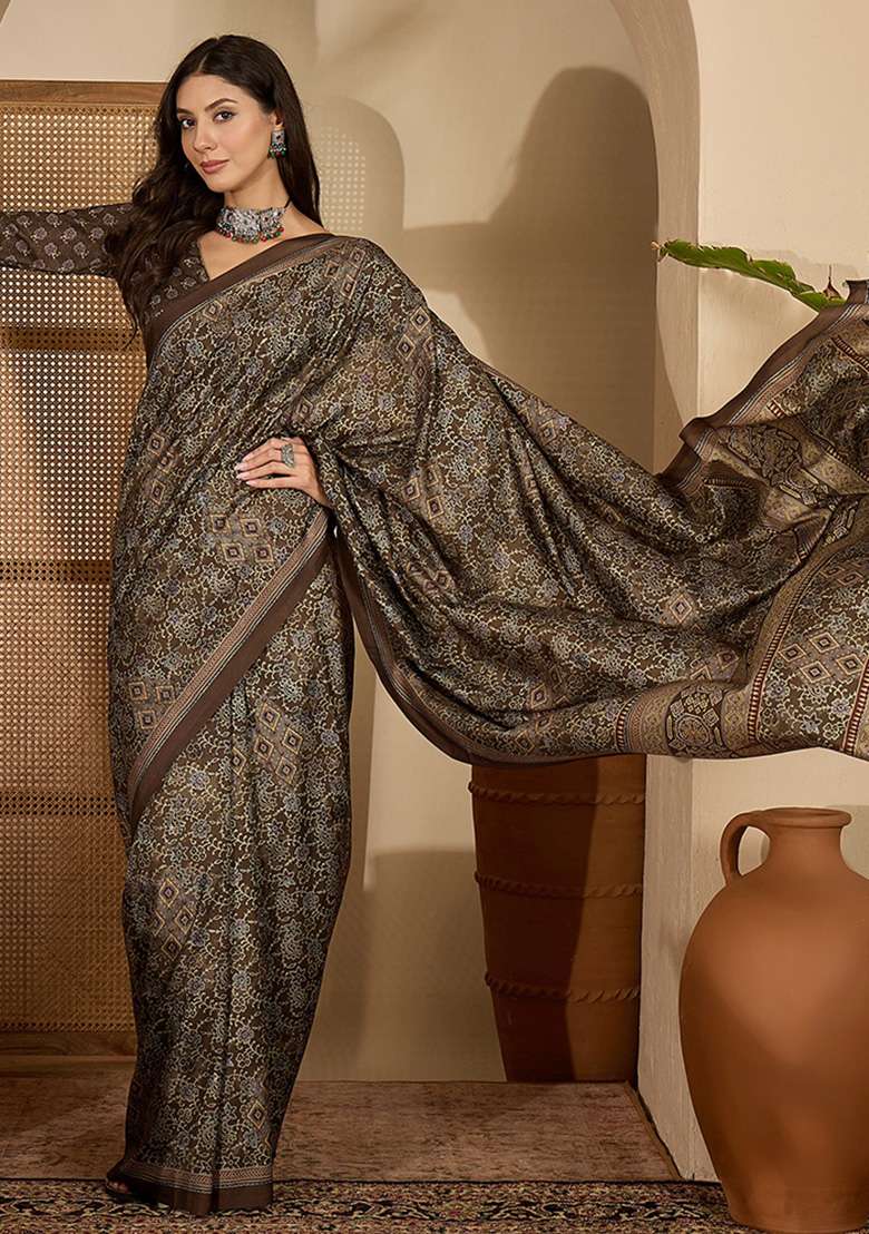 Brown Foil Print Silk Blend Saree Set for Diwali and Festive Wear - Indya