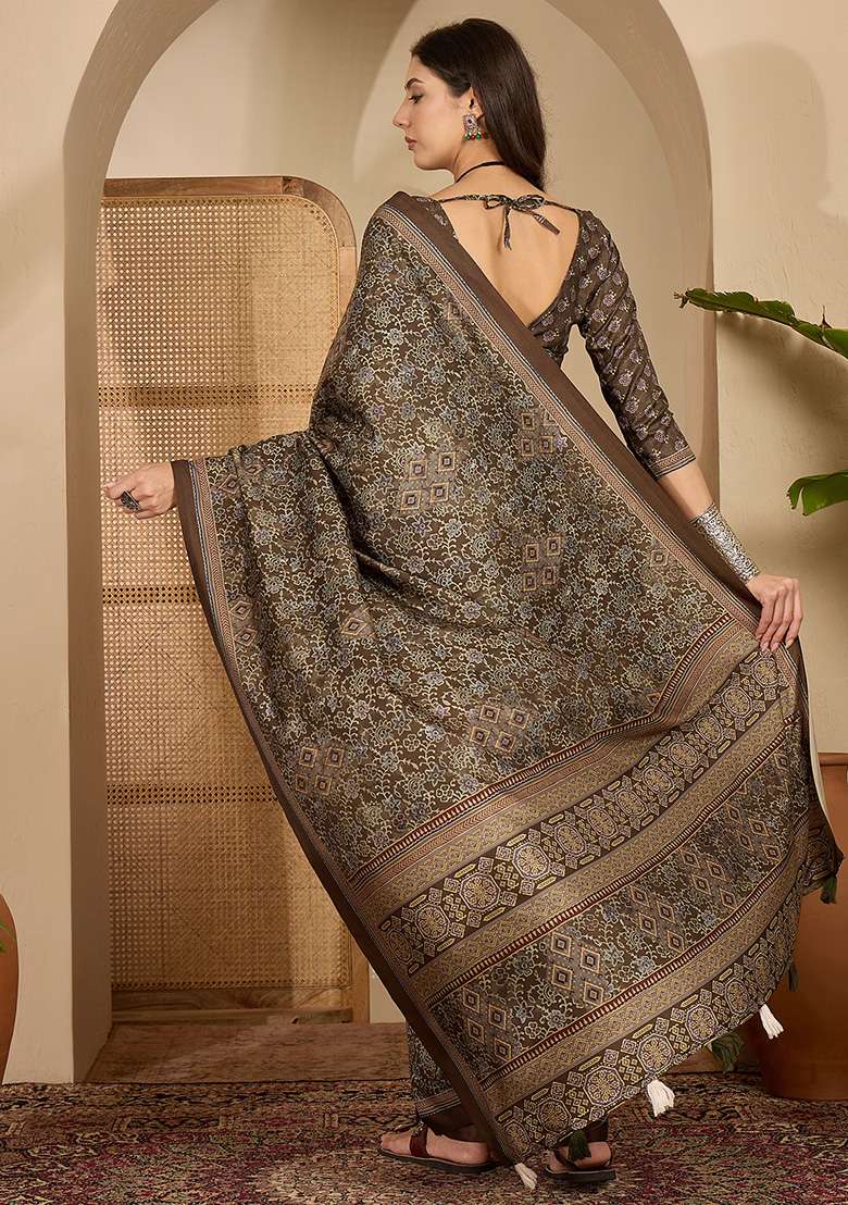 Brown Foil Print Silk Blend Saree Set for Diwali and Festive Wear - Indya