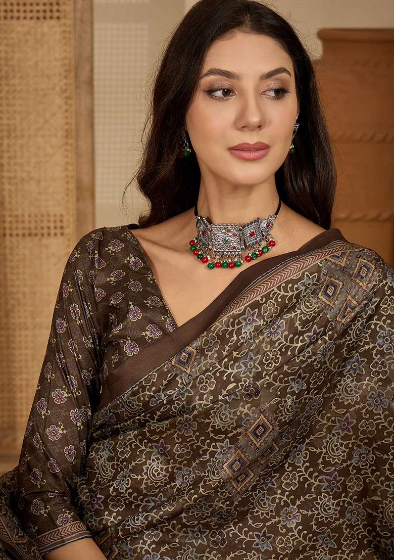 Brown Foil Print Silk Blend Saree Set for Diwali and Festive Wear - Indya