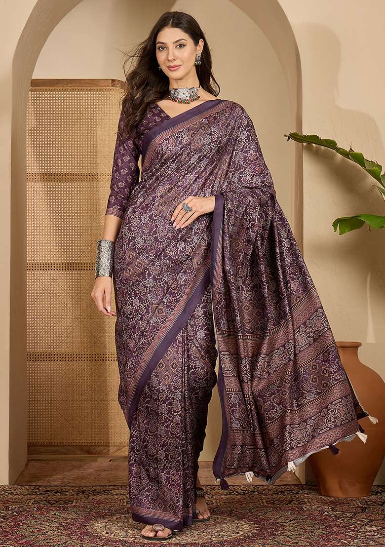 Purple Foil Print Silk Blend Saree Set for Diwali and Festive Wear - Indya