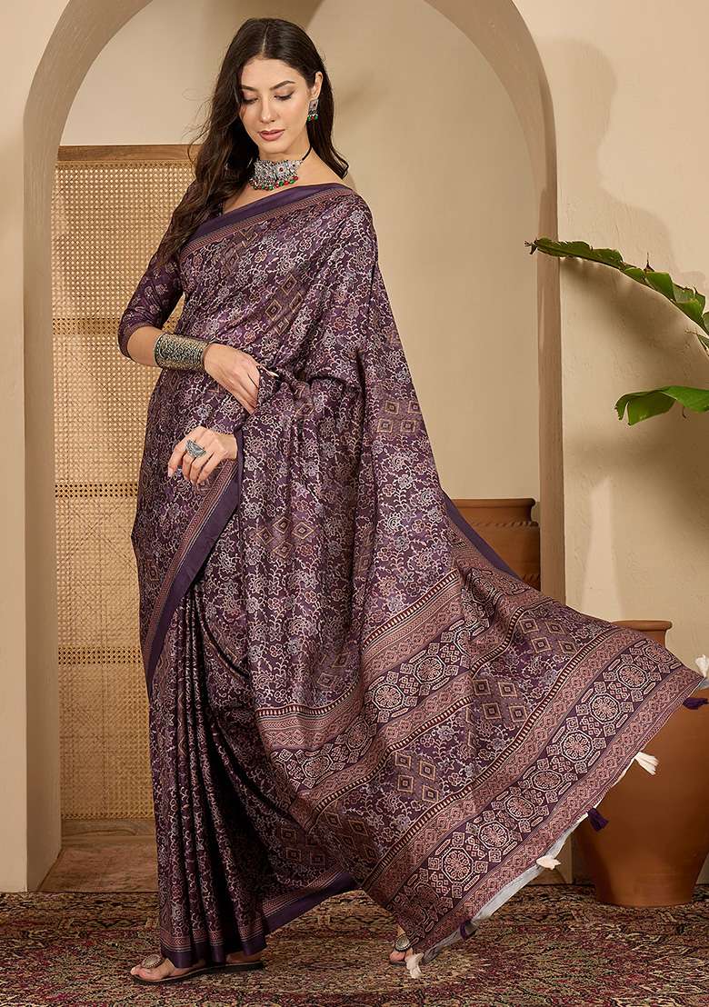 Purple Foil Print Silk Blend Saree Set for Diwali and Festive Wear - Indya