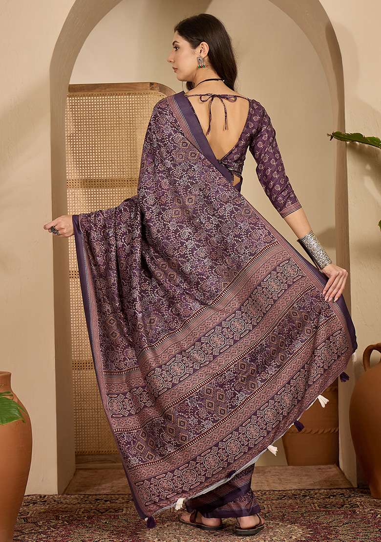 Purple Foil Print Silk Blend Saree Set for Diwali and Festive Wear - Indya