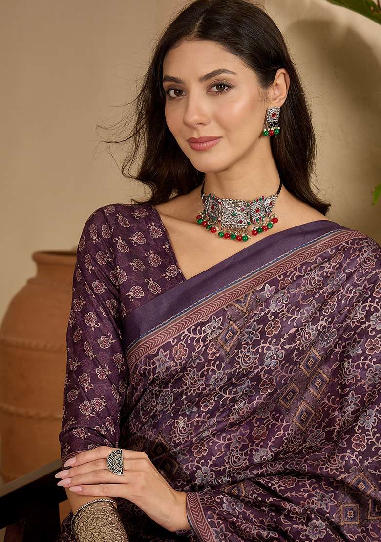 Purple Foil Print Silk Blend Saree Set for Diwali and Festive Wear - Indya