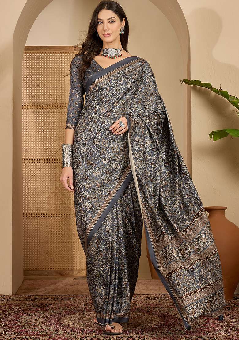 Grey Foil Print Silk Blend Saree Set - Indya
