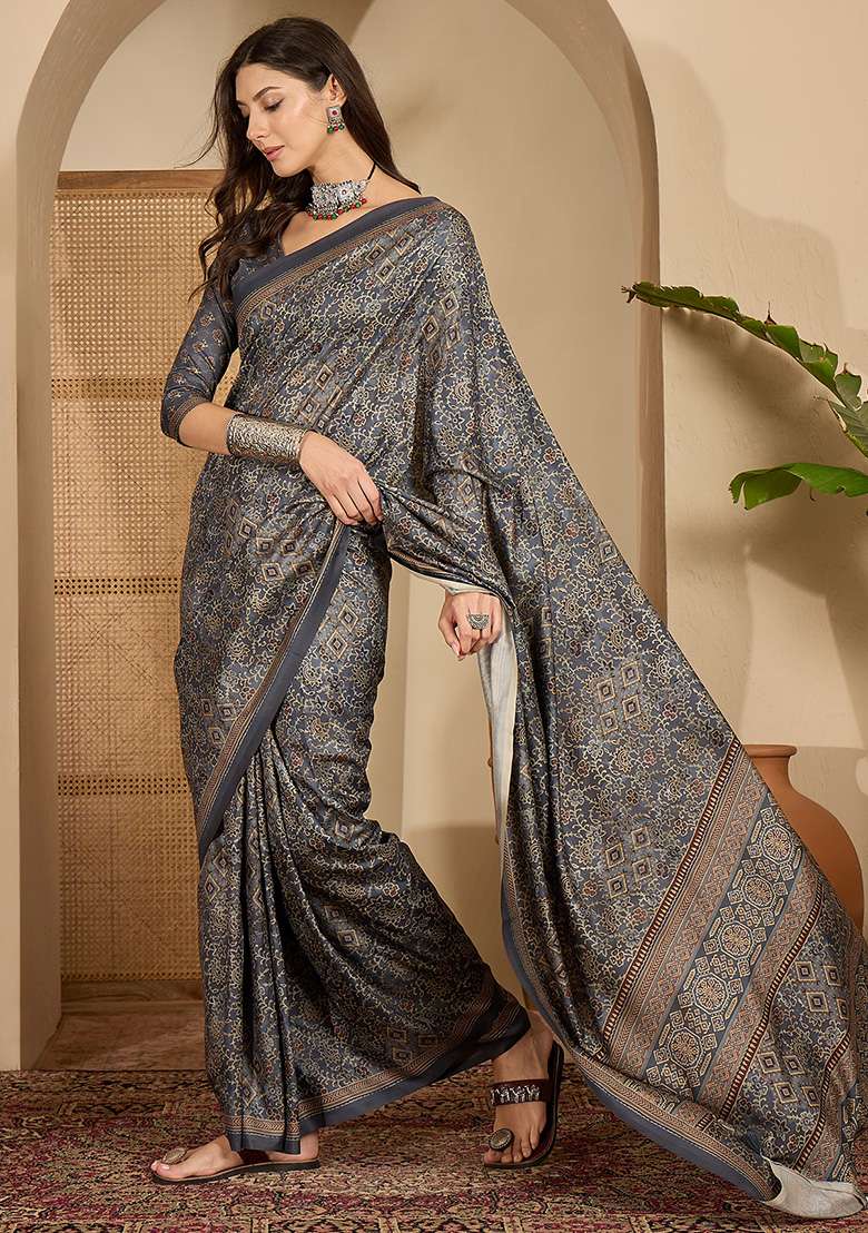 Grey Foil Print Silk Blend Saree Set - Indya