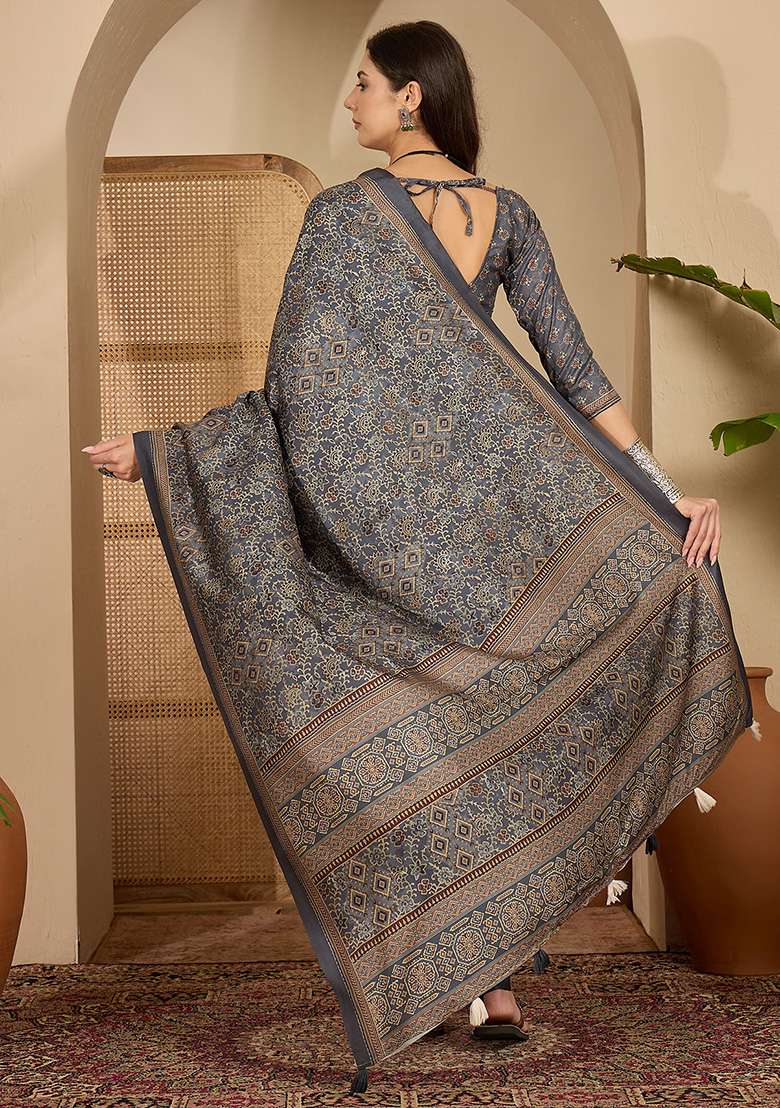 Grey Foil Print Silk Blend Saree Set - Indya