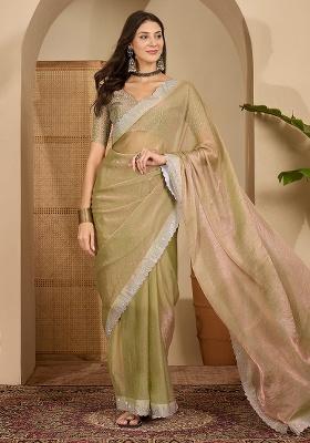 Green Embellished Chiffon Saree Set