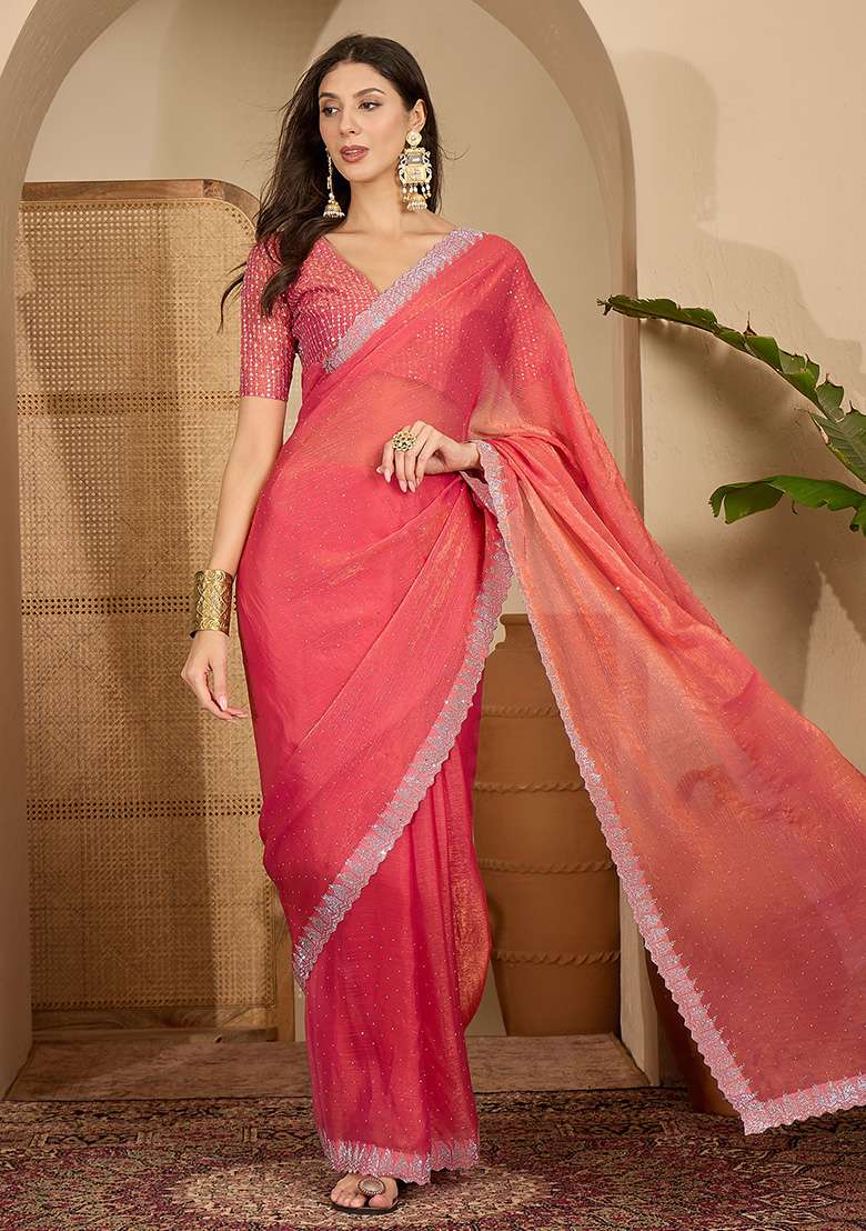 Pink Embellished Chiffon Saree Set - Indya