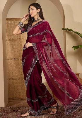 Purple Embellished Chiffon Saree Set