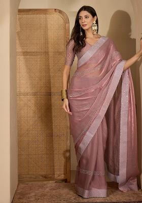 Mauve Embellished Chiffon Saree Set