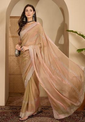 Beige Embellished Chiffon Saree Set