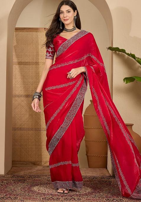 Rani Pink Embellished Chiffon Saree Set