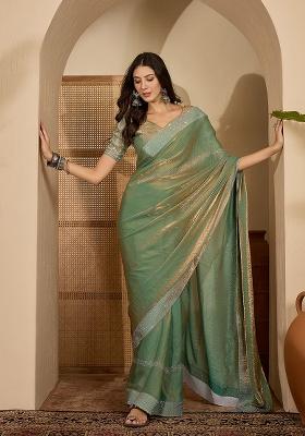 Green Embellished Chiffon Saree Set