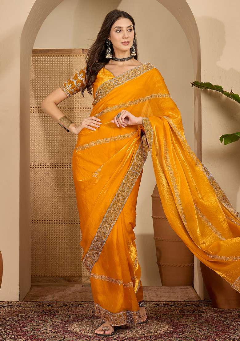 Orange Embellished Chiffon Saree Set - Indya