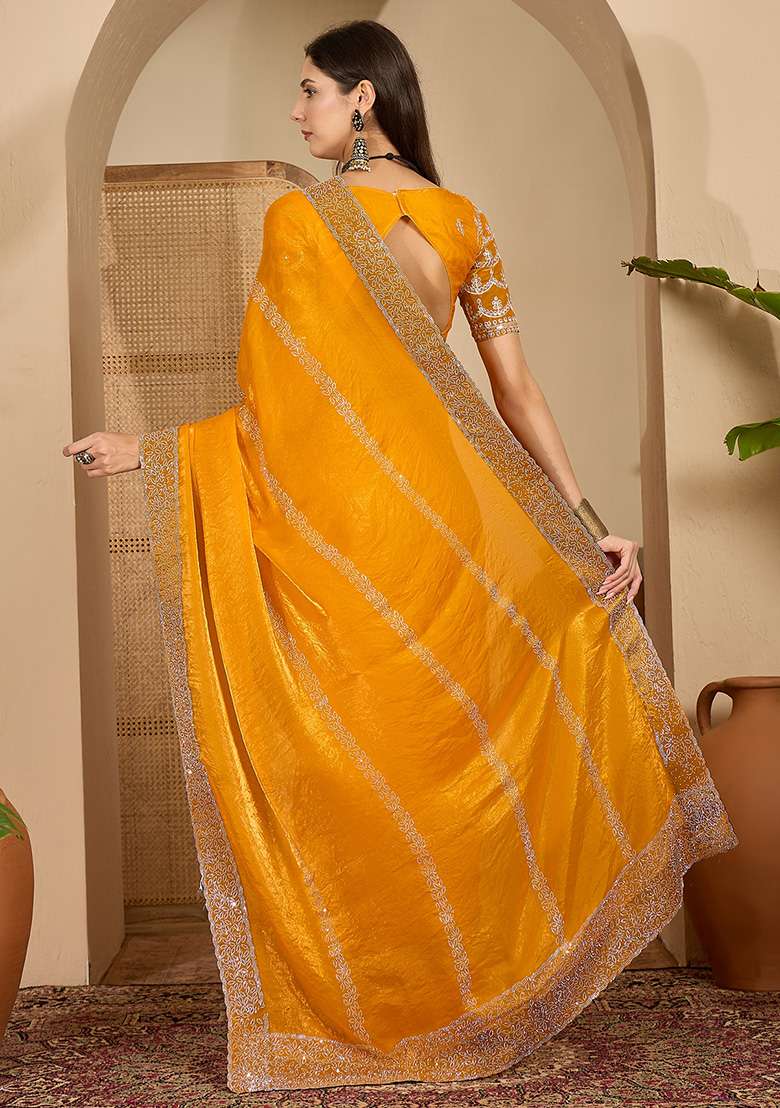 Orange Embellished Chiffon Saree Set - Indya