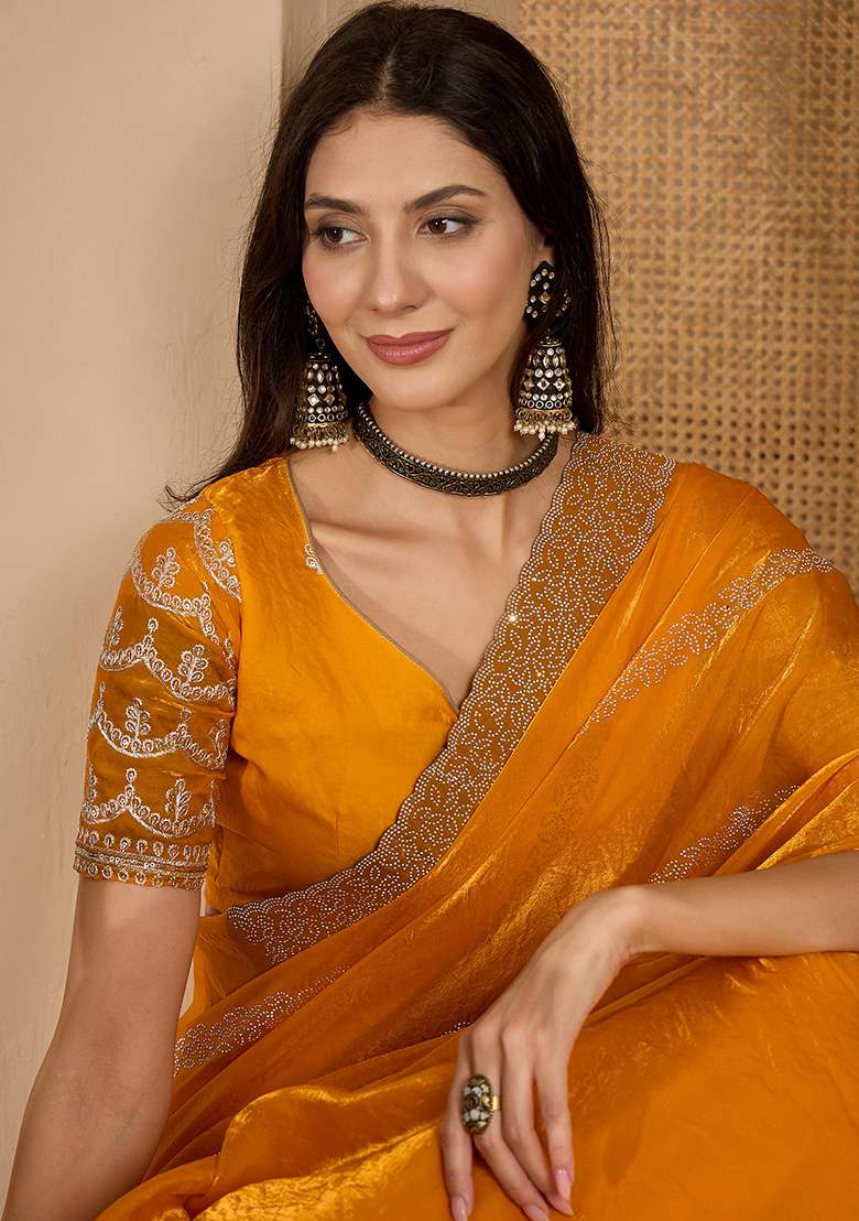 Orange Embellished Chiffon Saree Set - Indya