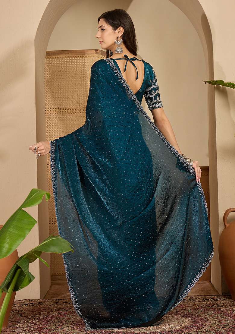 Teal Embellished Chiffon Saree Set for Diwali and Festive Wear - Indya