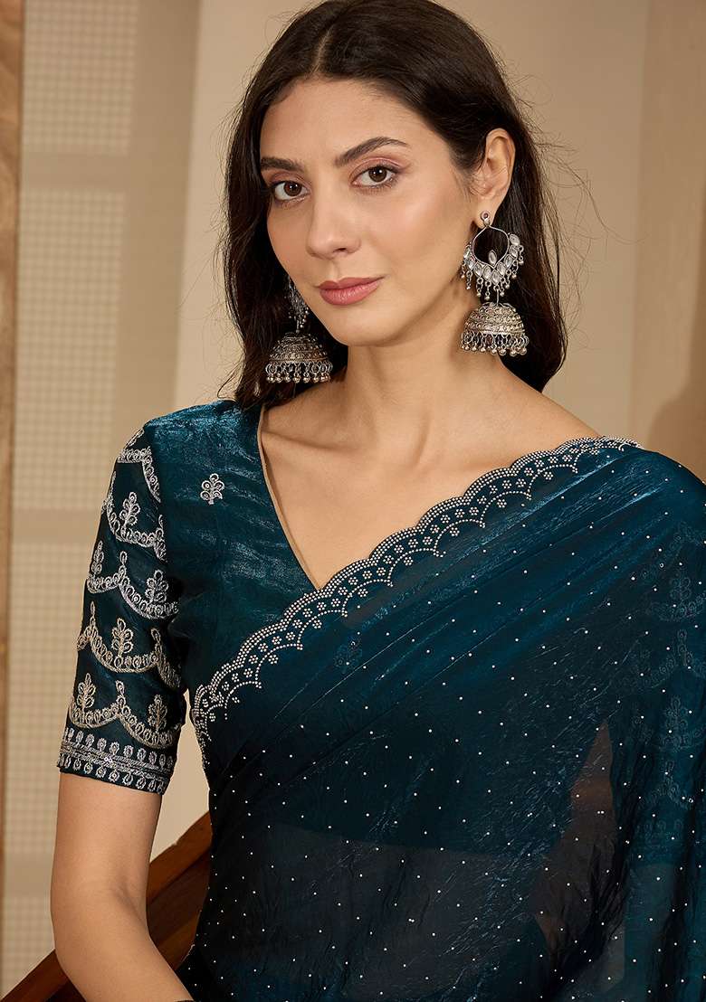 Teal Embellished Chiffon Saree Set for Diwali and Festive Wear - Indya
