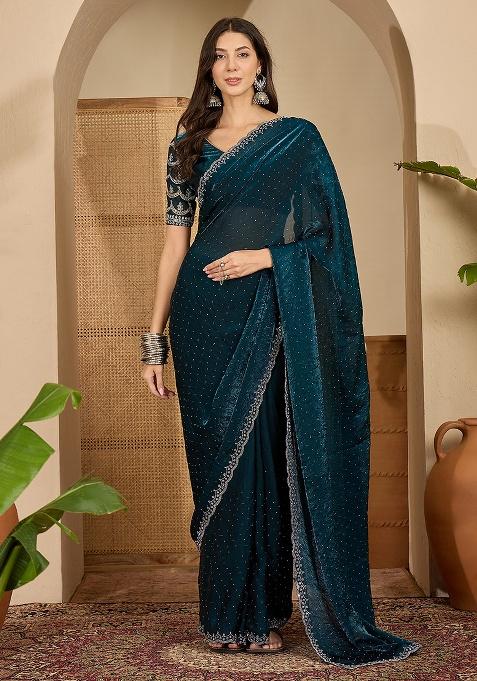 Teal Embellished Chiffon Saree Set