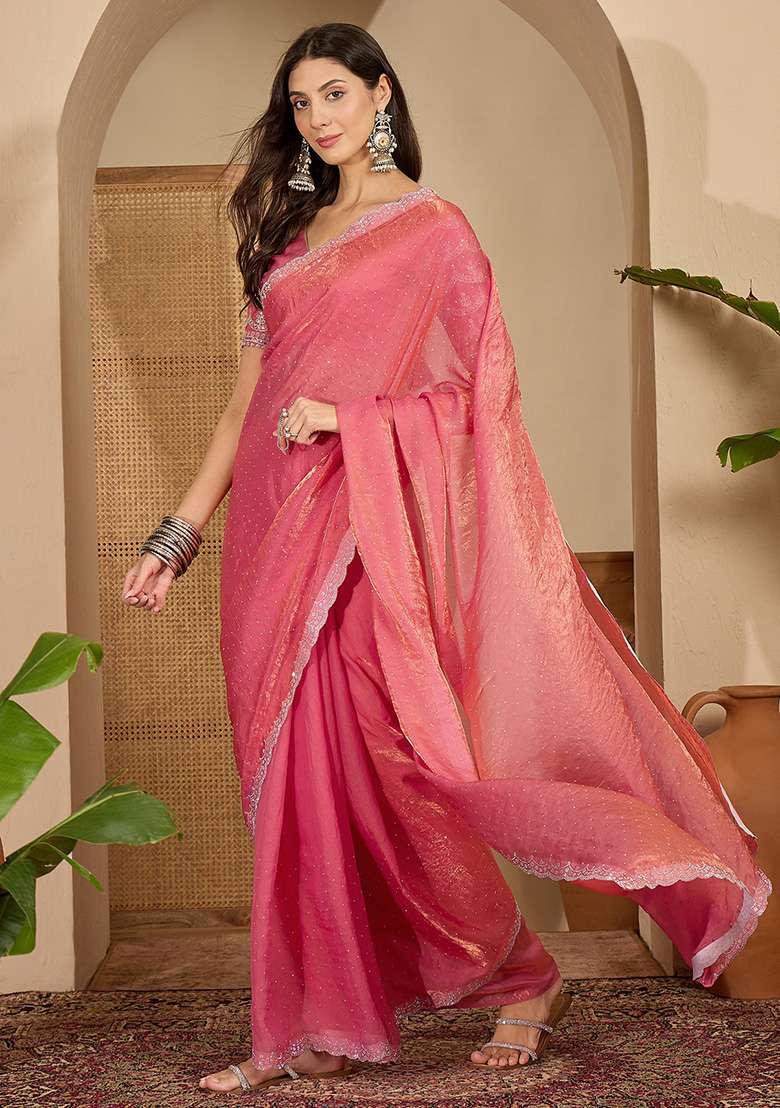 Gajari Embellished Chiffon Saree Set for Diwali | Wedding & Festive Wear - Indya