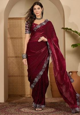 Wine Embellished Chiffon Saree Set
