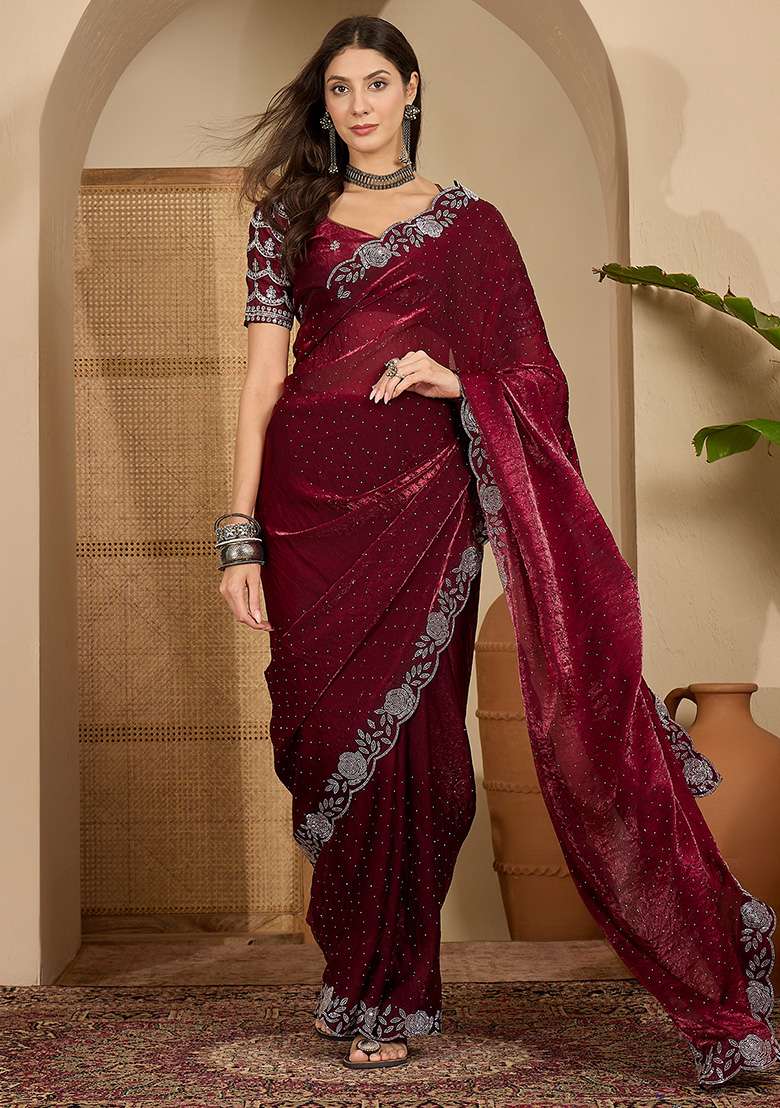 Wine Embellished Chiffon Saree Set - Indya