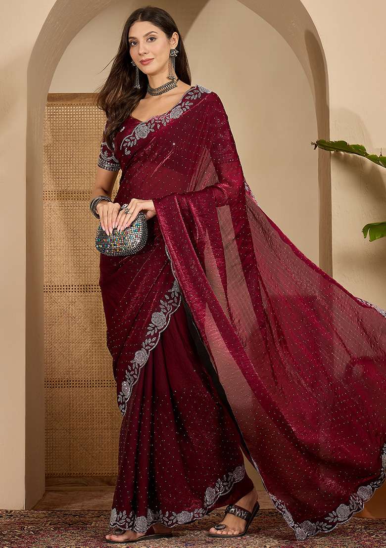 Wine Embellished Chiffon Saree Set - Indya