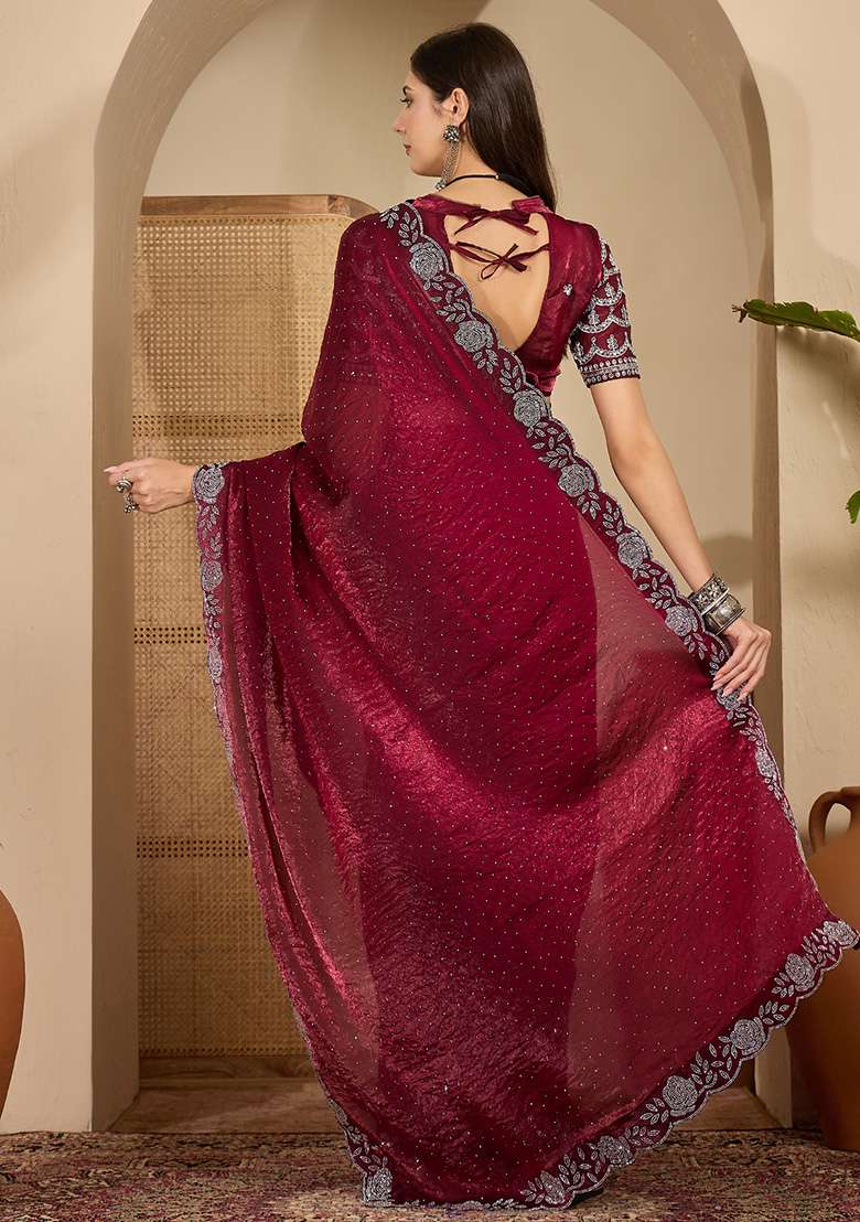 Wine Embellished Chiffon Saree Set - Indya
