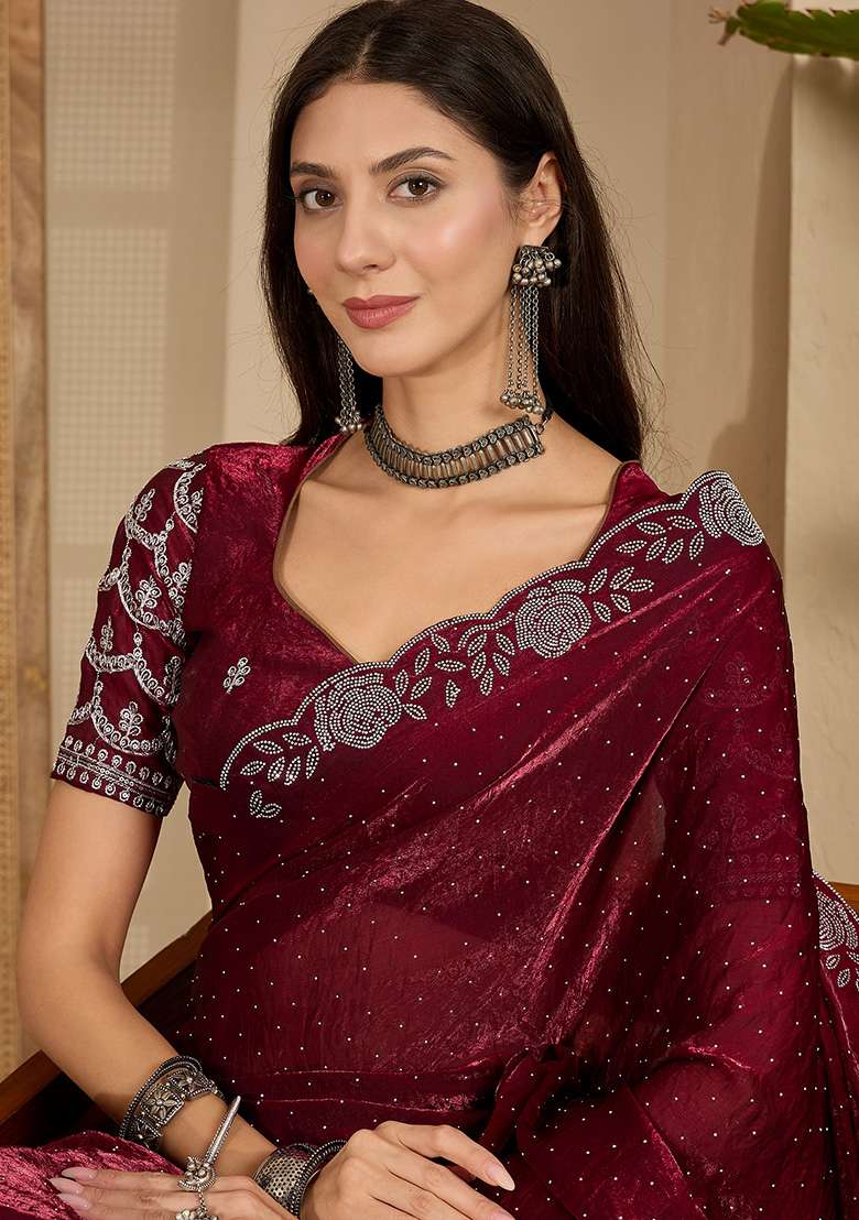 Wine Embellished Chiffon Saree Set - Indya