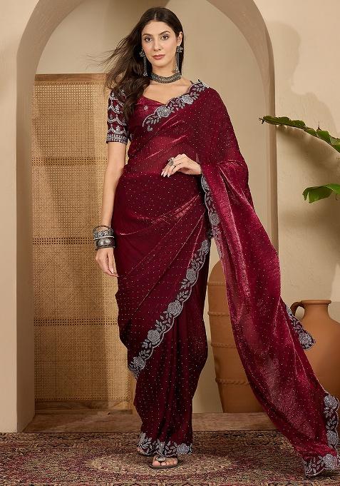 Wine Embellished Chiffon Saree Set
